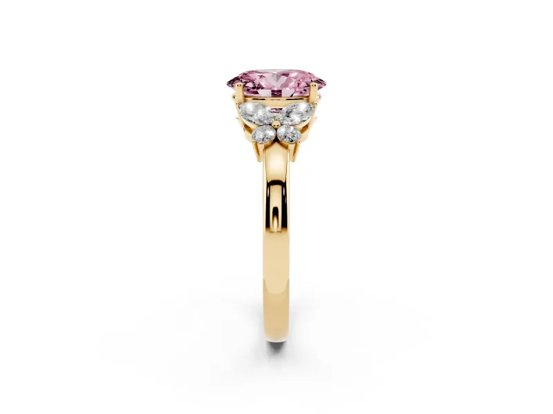 Fancy Pink Oval Cut Diamond Solitaire Floral Ring Set in Yellow gold with Marquise Petals and Prong Setting
