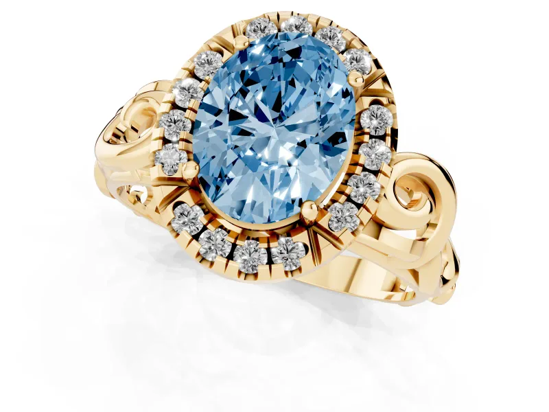 Fancy Blue Oval Cut Diamond Halo Ring Set in Yellow gold with Scrollwork Band and Prong Setting