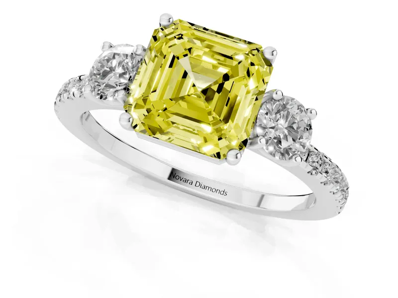 Asscher Cut Three Stone Engagement Ring Setting for a Fancy Yellow Lab-Grown Diamond | Pave Shoulders | Platinum