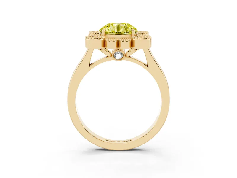 Round Milgrain Cluster Halo Engagement Ring Setting for a Fancy Yellow Lab-Grown Diamond | Plain Band | Yellow Gold