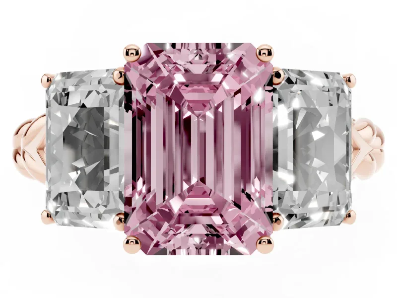 Fancy Pink Emerald Cut Diamond Three-Stone Ring Set in Rose gold with Braided Band