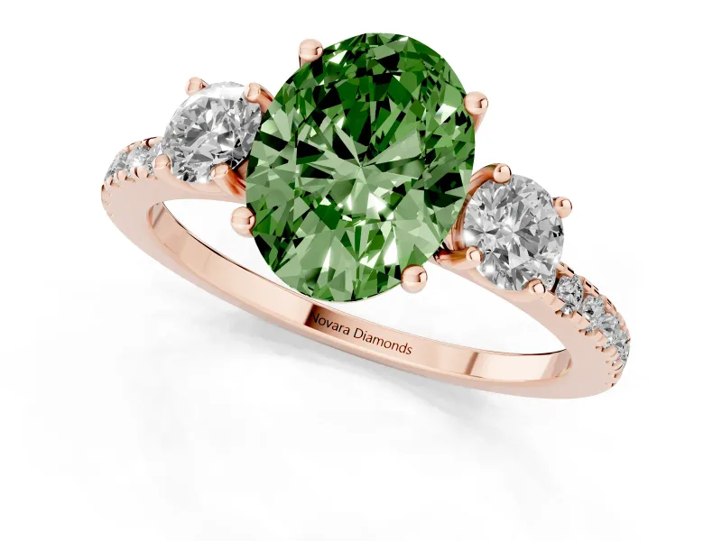Fancy Green Oval Cut Diamond Three-Stone Ring Set in Rose gold with Pavé Band and Graduated Sides