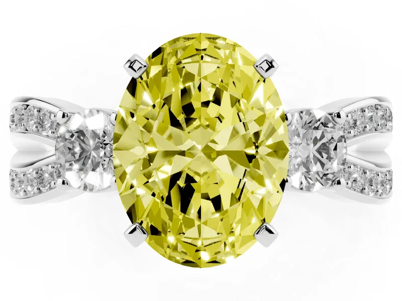 Fancy Yellow Three-Stone Oval Cut Diamond Twist Band Ring Set in Platinum with Pavé Accents and Prong Setting