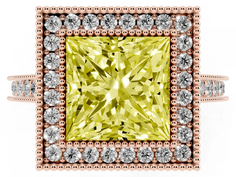 Princess Cut Vintage Milgrain Halo Engagement Ring Setting for a Fancy Yellow Lab-Grown Diamond | Bezel Head | Rose Gold