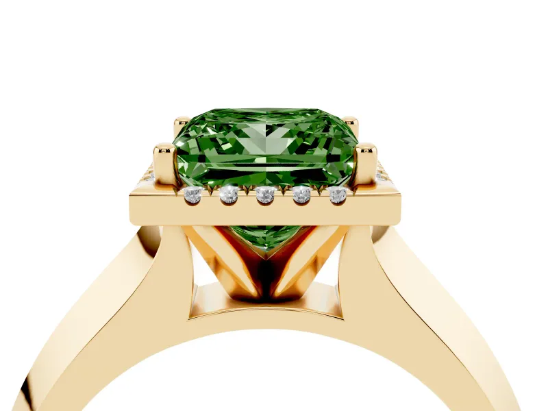 Fancy Green Princess Cut Diamond Halo Ring Set in Yellow gold with Cathedral Band and Prong Setting