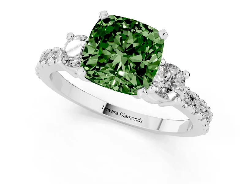 Fancy Green Three-Stone Cushion Cut Diamond Pavé Band Ring Set in Platinum with Prong Setting
