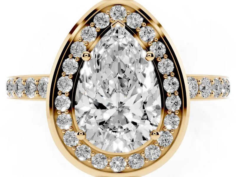 Pear Cut Diamond Halo Ring Set in Yellow gold with Bezel Frame and Pavé Band