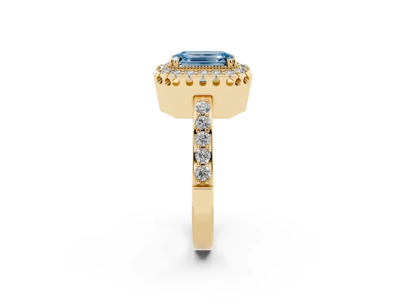 Emerald Cut Milgrain Halo Engagement Ring Setting for a Fancy Blue Lab-Grown Diamond | Pavé Shoulders | Yellow Gold