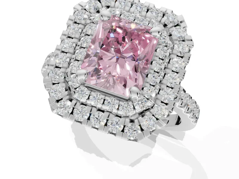 Fancy Pink Radiant Cut Lab-Grown Diamond Double Halo Statement Ring Set in Platinum with Pavé Band