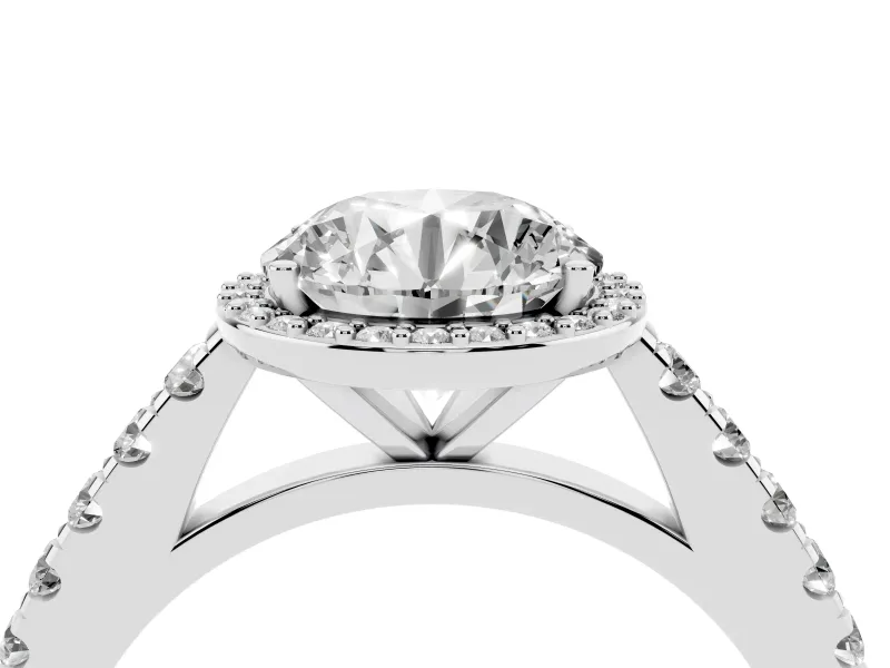Round Cut Diamond Halo Engagement Ring Set in Platinum with Pavé Band and Prong Setting