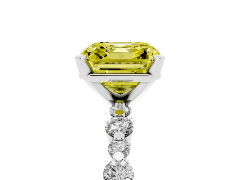 Fancy Yellow Asscher Cut Diamond Prong Set Engagement Ring Set in Silver with Round Accent Pavé Band