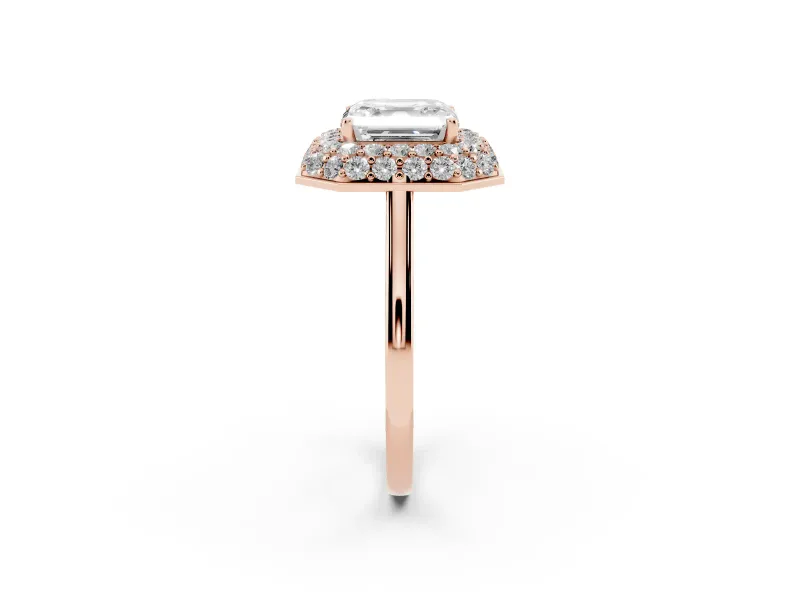 Asscher Cut Pave Halo Engagement Ring Setting | Slim Plain Band | Rose Gold