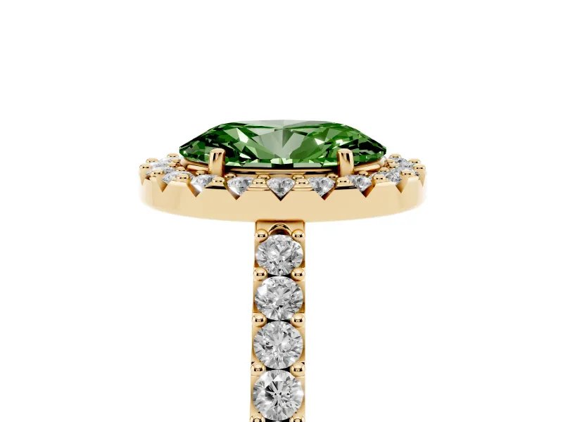 Fancy Green Oval Cut Diamond Halo Pavé Solitaire Ring Set in Yellow gold with Prong-Set Center Stone