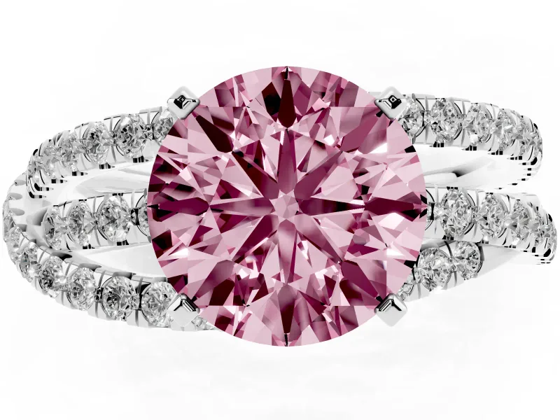 Fancy Pink Round Cut Diamond Solitaire Twist Band Ring Set in Platinum with Pavé Setting and Prong Head