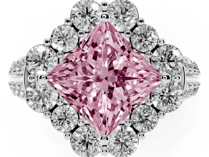 Fancy Pink Princess Cut Diamond Halo Engagement Ring Set in Silver with Split Shank and Prong Setting
