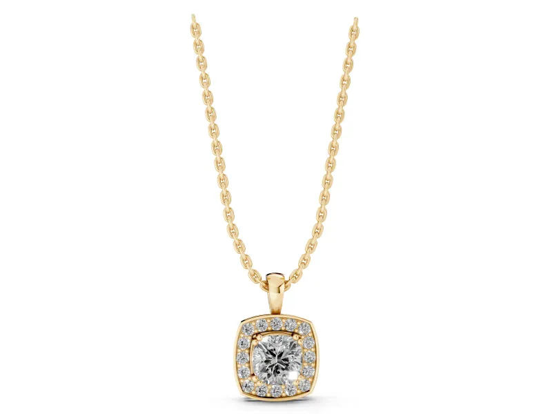 Cushion Cut Lab-Grown Diamond Halo Pendant Necklace | Plain Bail | Yellow Gold