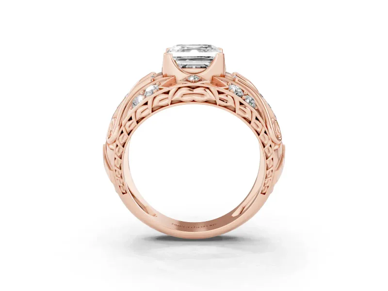 Asscher Cut Art Deco Graduated Pave Engagement Ring Setting | Split Shank | Rose Gold