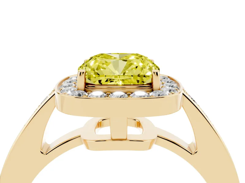 Cushion Cut Framed Halo Engagement Ring Setting for a Fancy Yellow Lab-Grown Diamond | Yellow Gold
