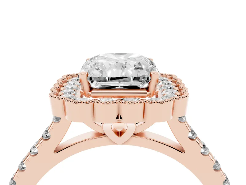 Radiant Cut Diamond Milgrain Floral Halo Engagement Ring Set in Rose gold with Pavé Band