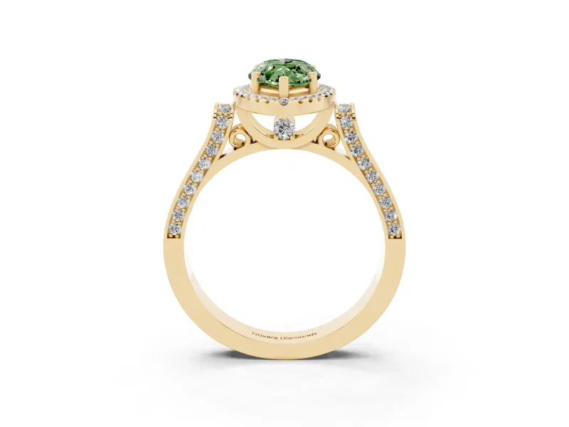 Fancy Green Marquise Cut Diamond Halo Ring Set in Yellow gold with Pavé-Lined Split Shank Band