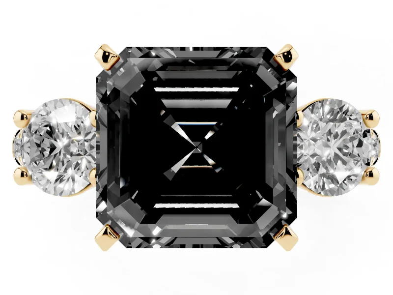 Asscher Cut Three-Stone Engagement Ring Setting for a Black Center | Pavé Shoulders | Yellow Gold