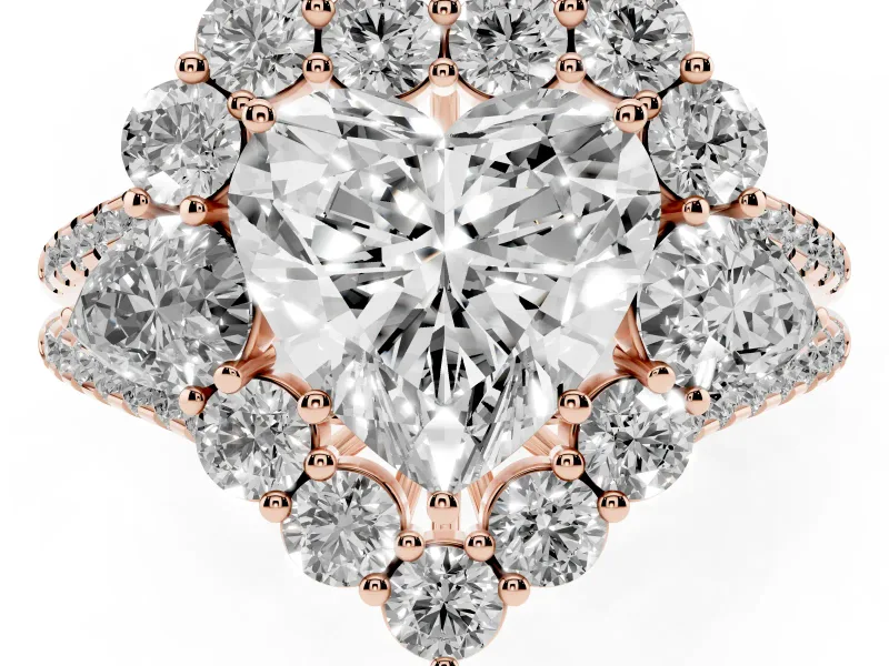Heart Cut Diamond Halo Split Shank Engagement Ring Set in Rose gold with Prong-Held Center Stone