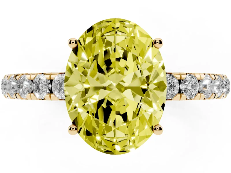 Oval Pave Solitaire Engagement Ring Setting for a Fancy Yellow Lab-Grown Diamond | Shared Prong Band | Yellow Gold