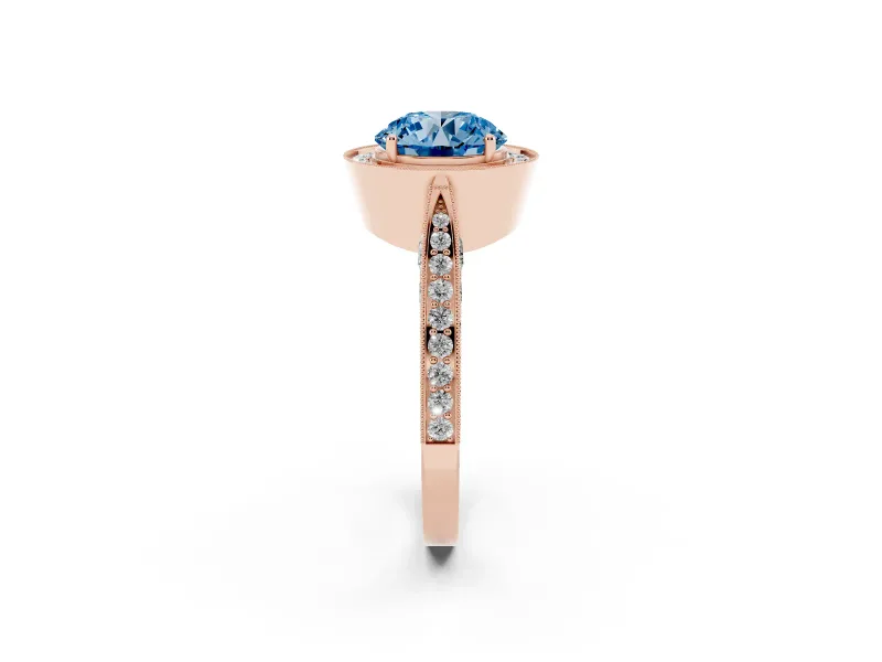 Round Milgrain Halo Engagement Ring Setting for a Fancy Blue Lab-Grown Diamond | Side Stones | Rose Gold