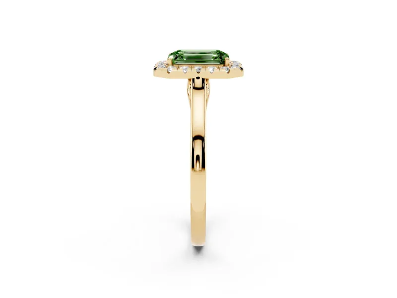 Fancy Green Emerald Cut Halo Round Diamond Solitaire Ring Set in Yellow gold with Pavé Band and Prong Setting