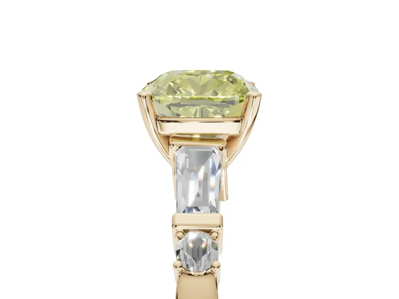 Cushion Cut Tapered Baguette Engagement Ring Setting for a Fancy Yellow Lab-Grown Diamond | Bar Set Sides | Yellow Gold