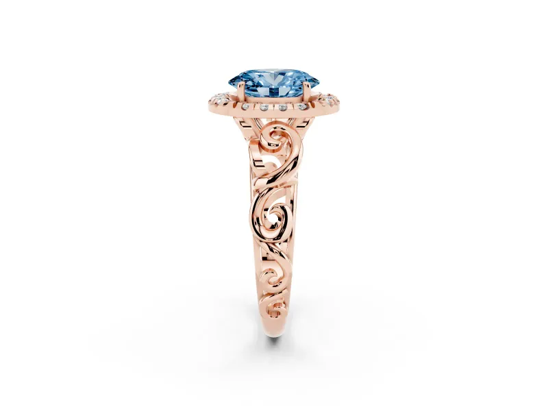 Oval Filigree Halo Engagement Ring Setting for a Fancy Blue Lab-Grown Diamond | Rose Gold