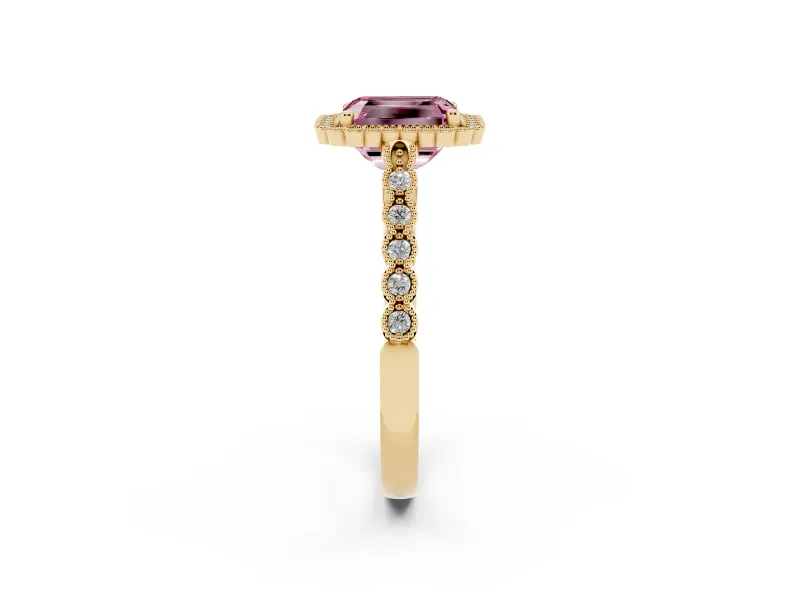 Radiant Cut Milgrain Halo Engagement Ring Setting for a Fancy Pink Lab-Grown Diamond | Beaded Shoulders | Yellow Gold