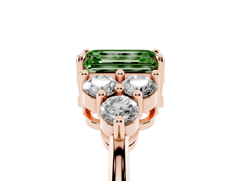 Fancy Green Emerald Cut Diamond Solitaire Ring Set in Rose gold with Cluster Accents on Each Side