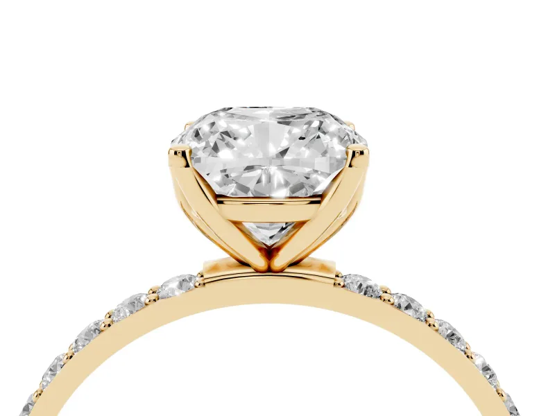 Cushion Cut Pave Solitaire Engagement Ring Setting | Fine Line Pave Band | Yellow Gold