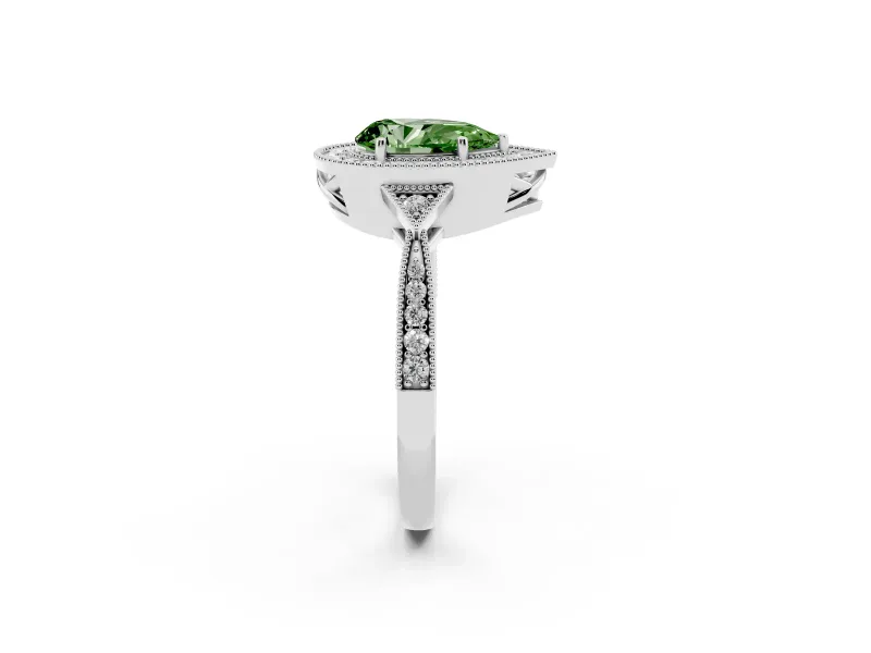 Fancy Green Pear Cut Diamond Halo Engagement Ring Set in Platinum with Milgrain Pavé Band