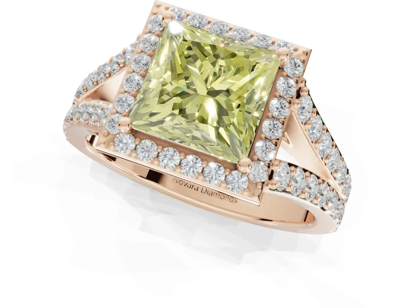 Princess Cut Halo Pavé Engagement Ring Setting for a Fancy Yellow Lab-Grown Diamond | Narrow Split Shank | Rose Gold
