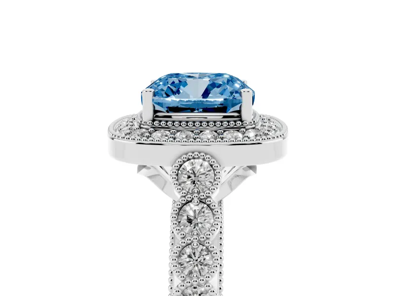 Cushion Cut Graduated Milgrain Halo Engagement Ring Setting for a Fancy Blue Lab-Grown Diamond | White Gold