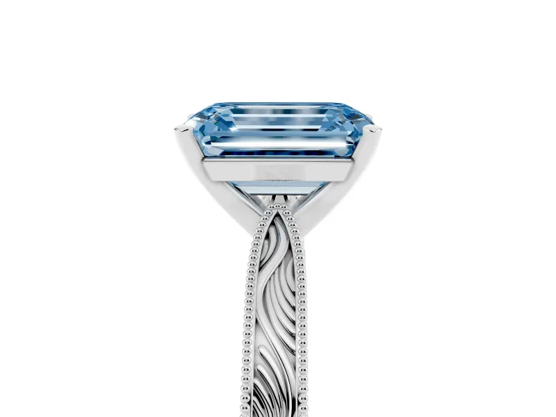 Fancy Blue Emerald Cut Diamond Solitaire Milgrain Engraved Band Set in Silver with Prong Setting