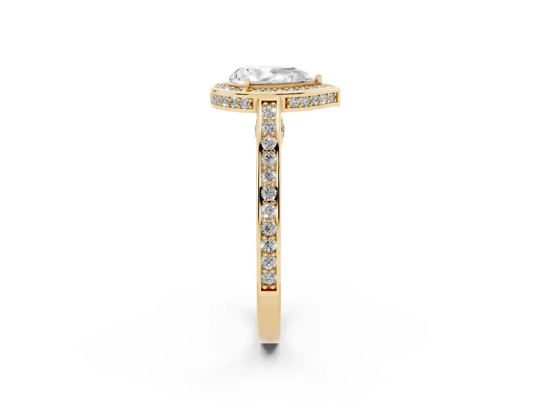 Pear Cut Diamond Halo Pavé Split Shank Ring Set in Yellow gold with Prong Setting