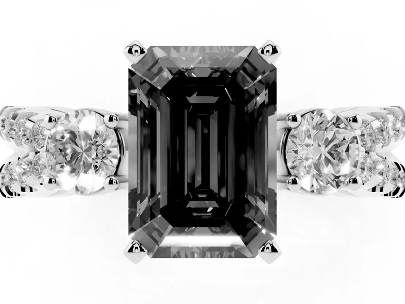 Emerald Cut Three Stone Engagement Ring Setting for a Black Center | Pavé Split Shank | Platinum