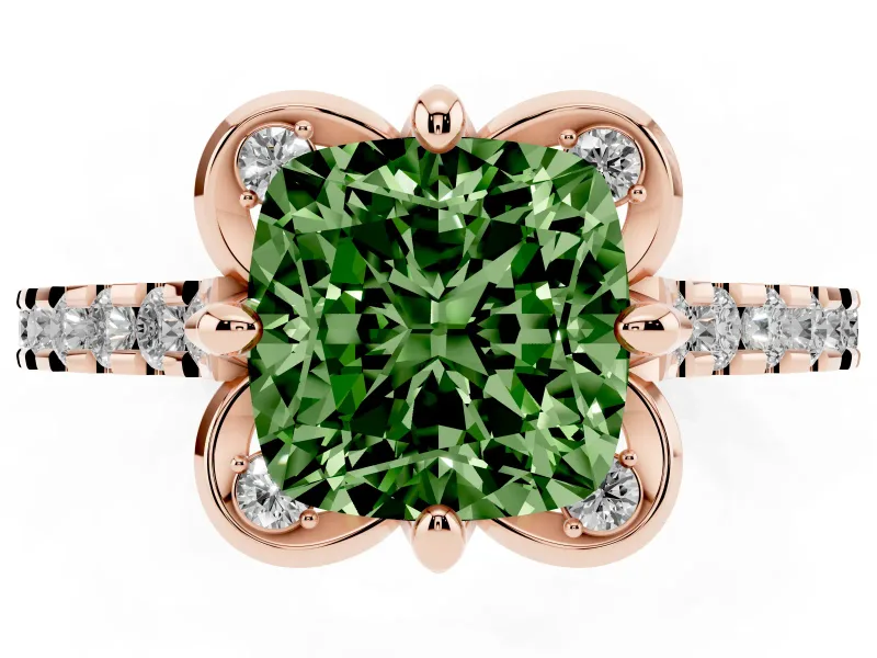 Cushion Cut Floral Petal Engagement Ring Setting for a Fancy Green Lab-Grown Diamond | Petal Accents | Rose Gold