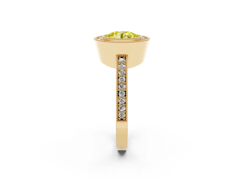 Round Milgrain Halo Engagement Ring Setting for a Fancy Yellow Lab-Grown Diamond | Pave Band | Yellow Gold