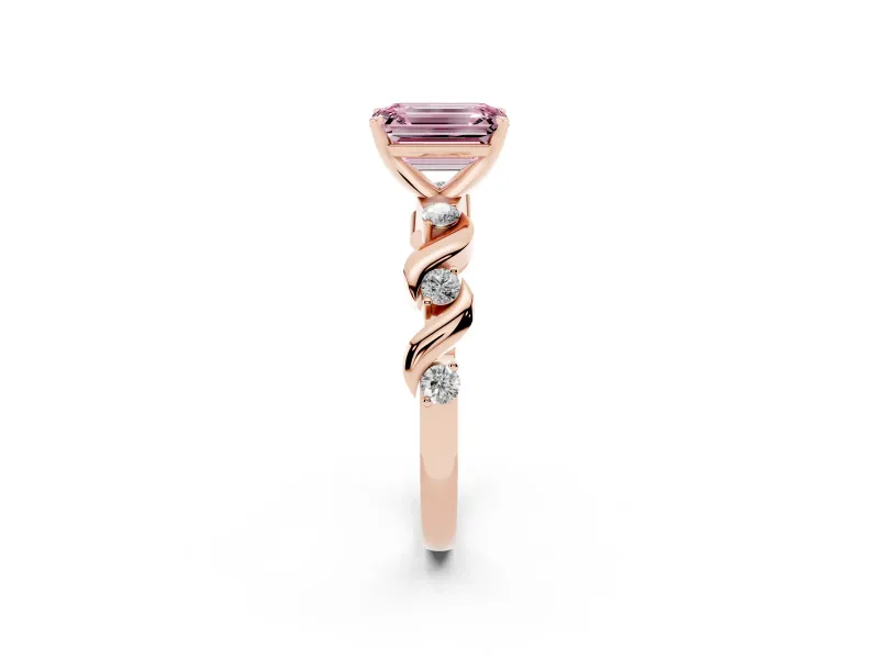 Fancy Pink Emerald Cut Diamond Solitaire Ring Set in Rose gold with Ribbon Twist Band, Round Accents and Prong Setting