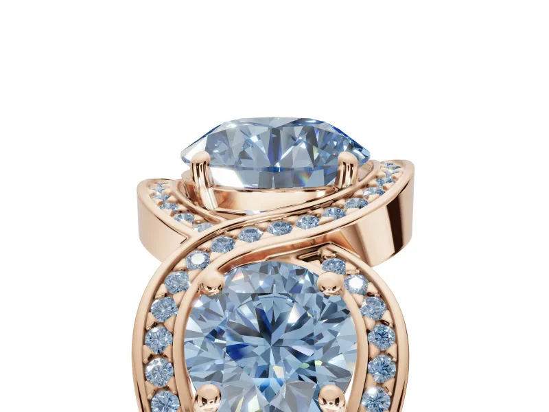Round Three Stone Halo Engagement Ring Setting for a Fancy Blue Lab-Grown Diamond | Pavé Wave Band | Rose Gold
