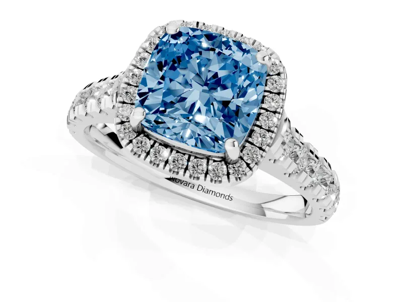 Cushion Cut Accented Halo Engagement Ring Setting for a Fancy Blue Lab-Grown Diamond | Platinum