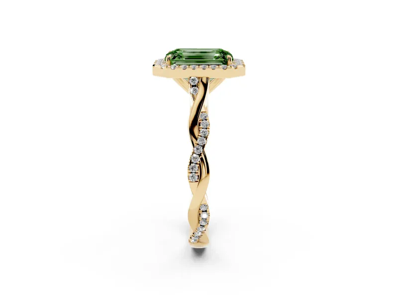 Emerald Cut Twist Halo Engagement Ring Setting for a Fancy Green Lab-Grown Diamond | Yellow Gold