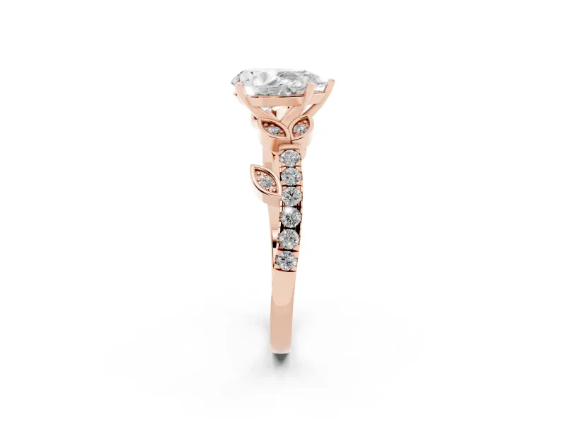 Pear-Shaped Leaf Pavé Engagement Ring Setting | Leaf Motif Shoulders | Rose Gold