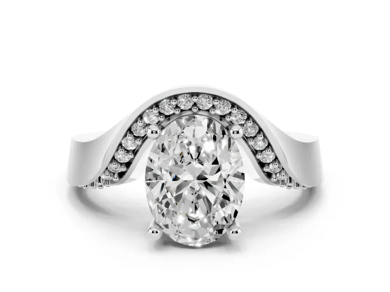 Oval Cut Diamond Solitaire Engagement Ring Set in White gold with Pavé Shoulders