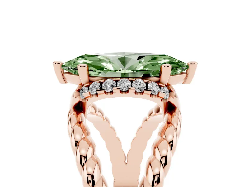 Fancy Green Marquise Cut Diamond Halo Ring Set in Rose gold with Twisted Band and Prong Setting