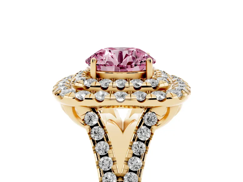 Round Halo Split Shank Engagement Ring Setting for a Fancy Pink Lab-Grown Diamond | Pavé Strands | Yellow Gold